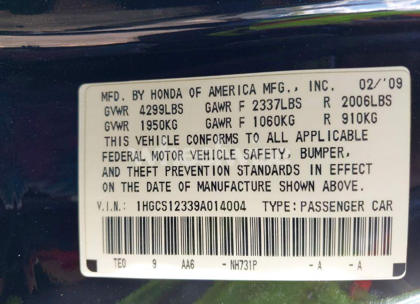 Photo 9 of 2009 Honda Accord 2.4 LX-S (VIN 1HGCS12339A014004)