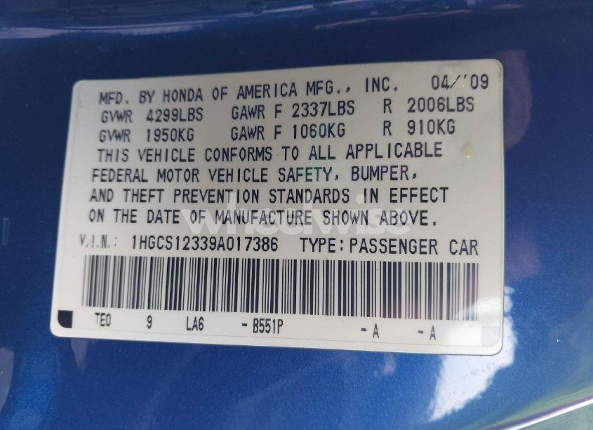 Photo 9 of 2009 Honda Accord 2.4 LX-S (VIN 1HGCS12339A017386)