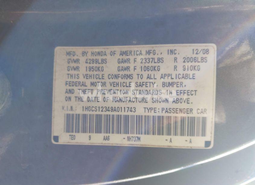 Photo 9 of 2009 Honda Accord 2.4 LX-S (VIN 1HGCS12349A011743)