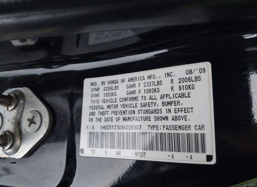 Photo 9 of 2009 Honda Accord 2.4 LX-S (VIN 1HGCS12349A026307)