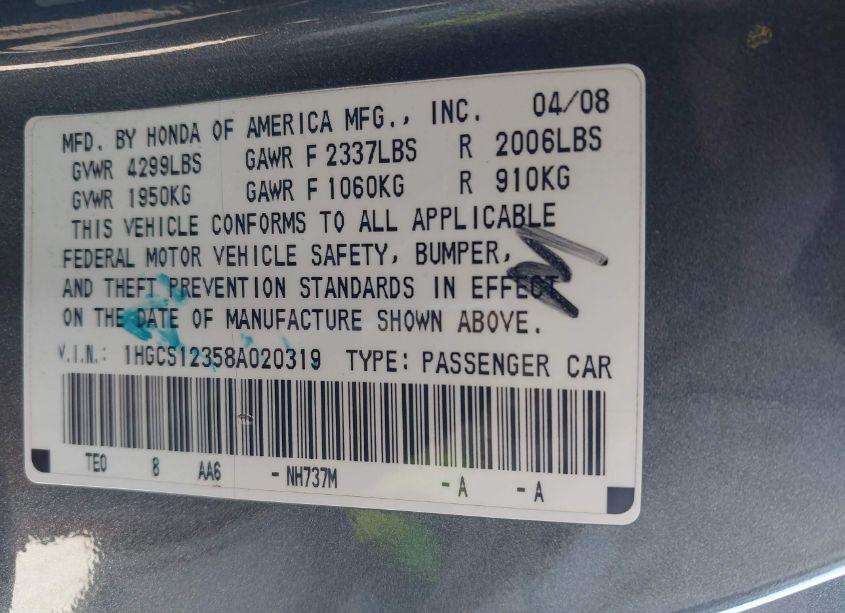 Photo 9 of 2008 Honda Accord 2.4 LX-S (VIN 1HGCS12358A020319)