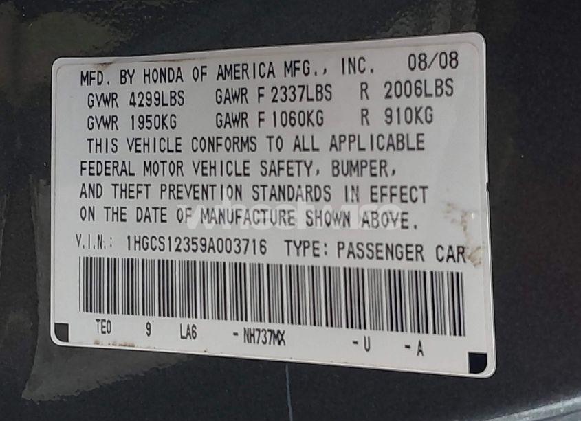 Photo 9 of 2009 Honda Accord 2.4 LX-S (VIN 1HGCS12359A003716)