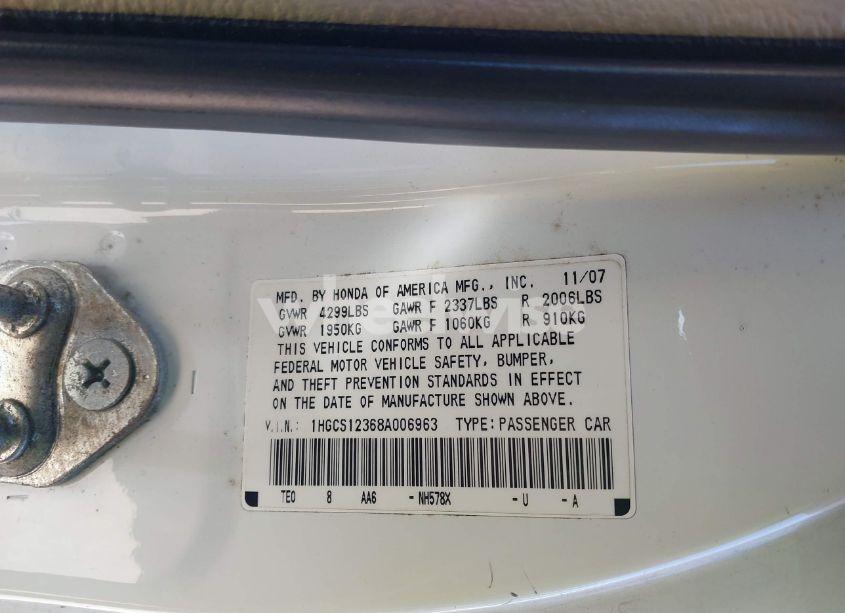 Photo 9 of 2008 Honda Accord 2.4 LX-S (VIN 1HGCS12368A006963)