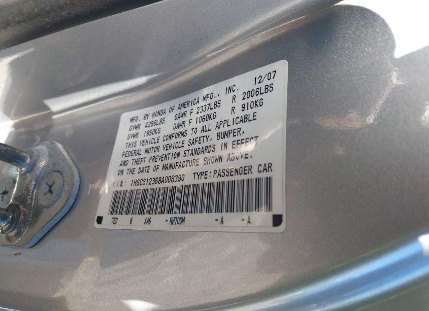 Photo 9 of 2008 Honda Accord 2.4 LX-S (VIN 1HGCS12368A008390)