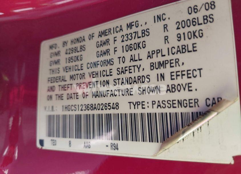 Photo 9 of 2008 Honda Accord 2.4 LX-S (VIN 1HGCS12368A026548)