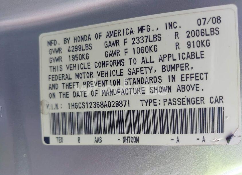 Photo 9 of 2008 Honda Accord 2.4 LX-S (VIN 1HGCS12368A029871)