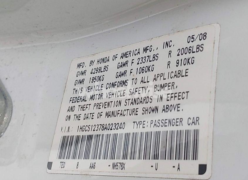 Photo 9 of 2008 Honda Accord 2.4 LX-S (VIN 1HGCS12378A023240)