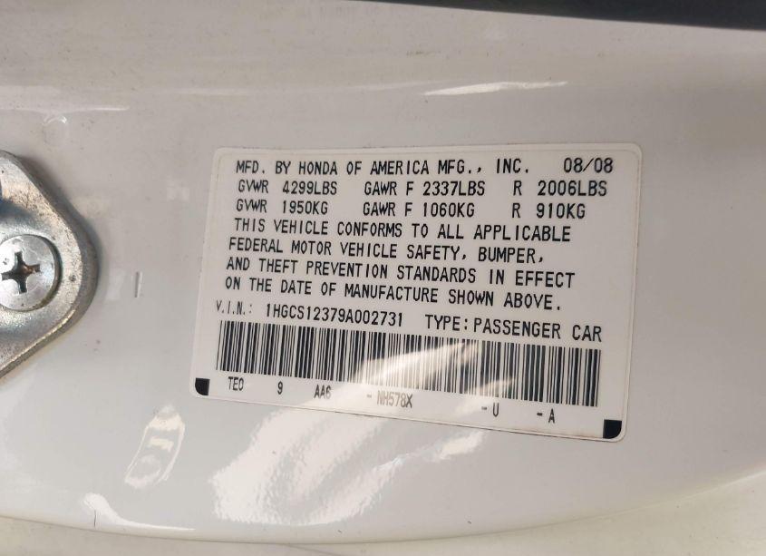 Photo 9 of 2009 Honda Accord 2.4 LX-S (VIN 1HGCS12379A002731)