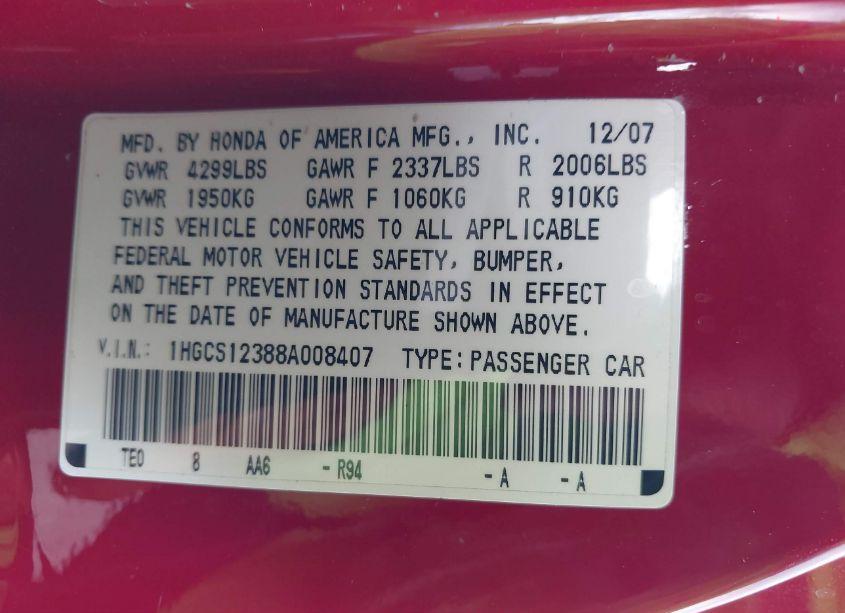 Photo 9 of 2008 Honda Accord 2.4 LX-S (VIN 1HGCS12388A008407)
