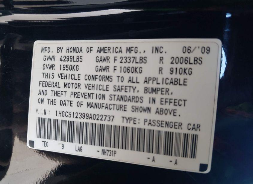 Photo 9 of 2009 Honda Accord 2.4 LX-S (VIN 1HGCS12399A022737)