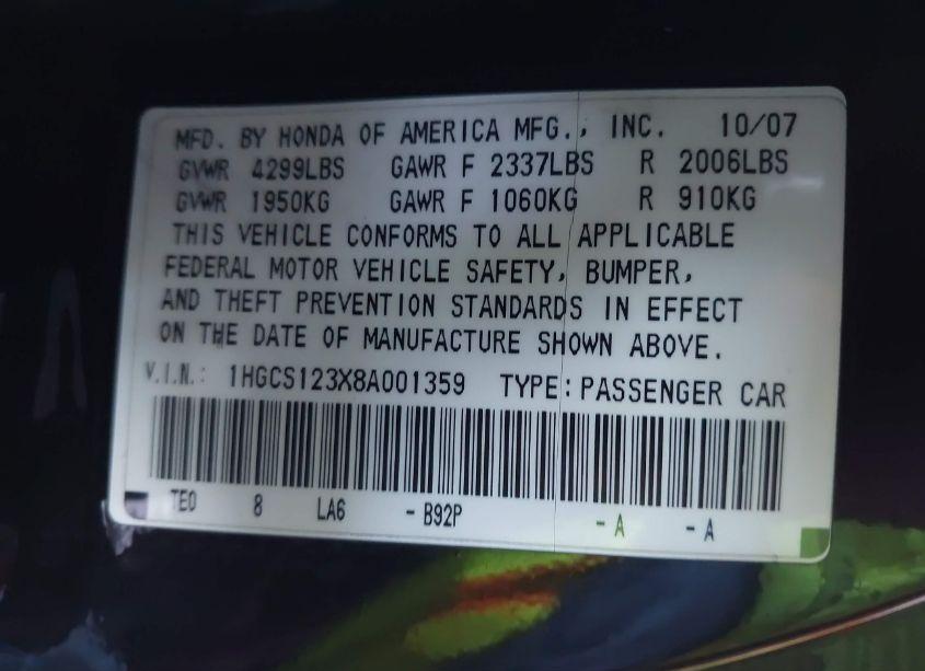 Photo 9 of 2008 Honda Accord 2.4 LX-S (VIN 1HGCS123X8A001359)