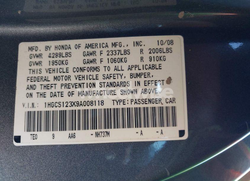 Photo 9 of 2009 Honda Accord 2.4 LX-S (VIN 1HGCS123X9A008118)