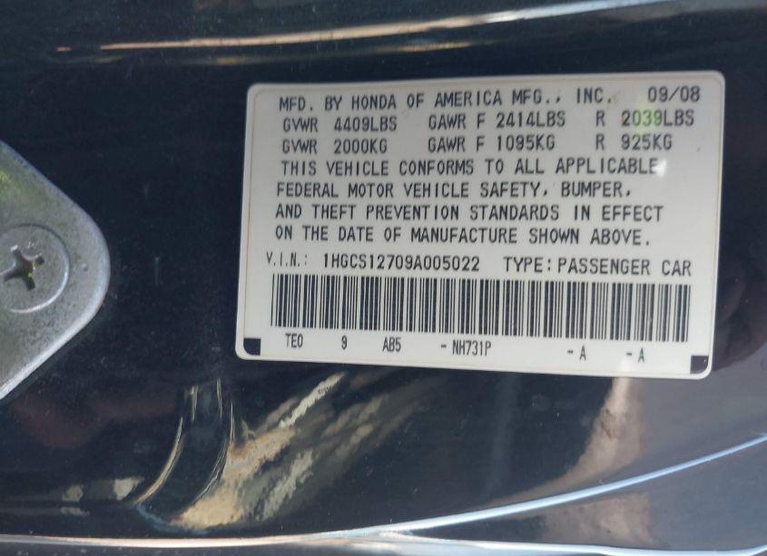 Photo 9 of 2009 Honda Accord 2.4 EX (VIN 1HGCS12709A005022)