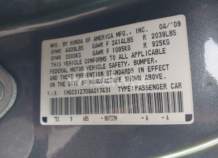 Photo 9 of 2009 Honda Accord 2.4 EX (VIN 1HGCS12709A017431)