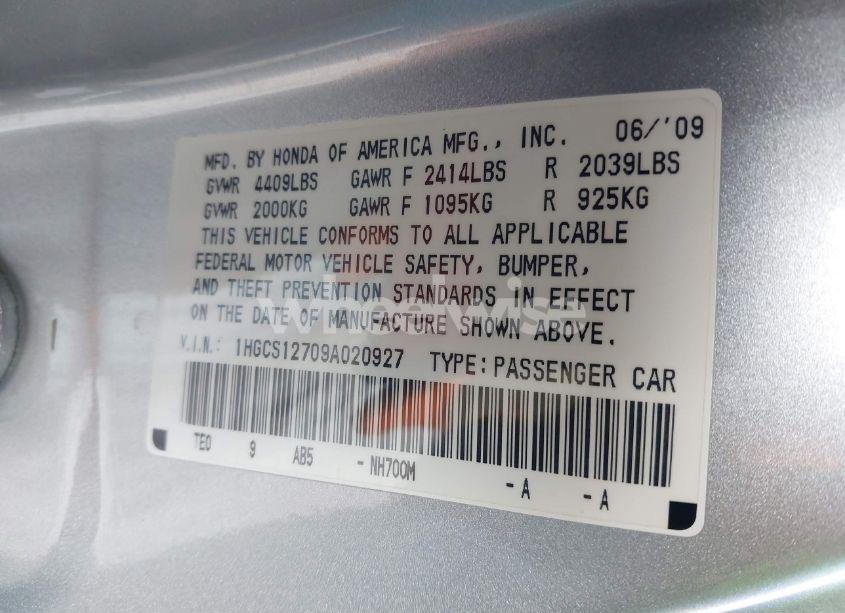 Photo 9 of 2009 Honda Accord 2.4 EX (VIN 1HGCS12709A020927)