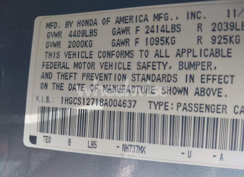 Photo 9 of 2008 Honda Accord 2.4 EX (VIN 1HGCS12718A004637)