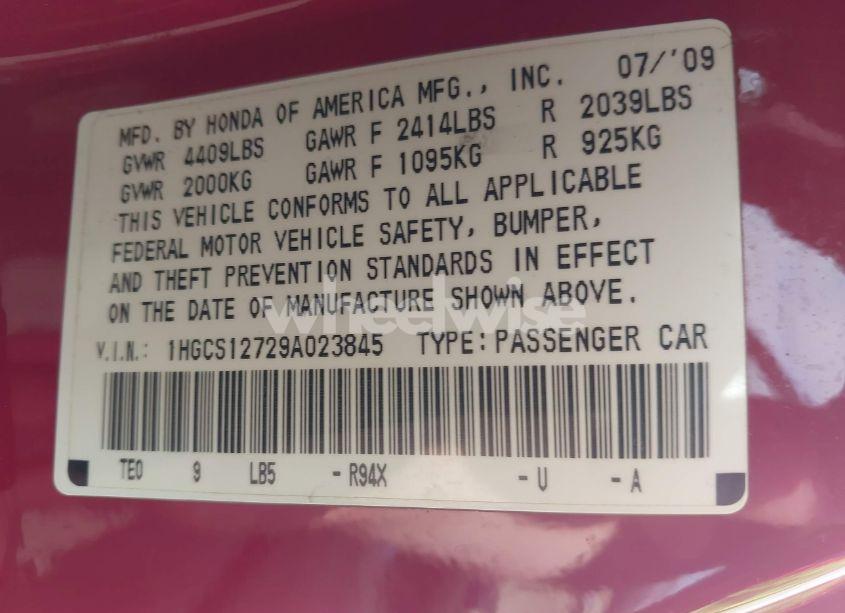 Photo 9 of 2009 Honda Accord 2.4 EX (VIN 1HGCS12729A023845)