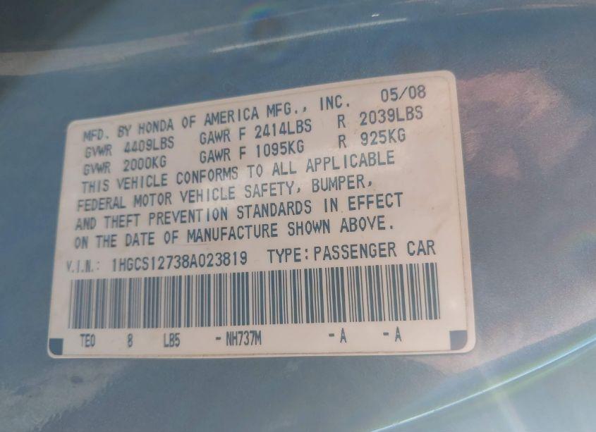 Photo 9 of 2008 Honda Accord 2.4 EX (VIN 1HGCS12738A023819)