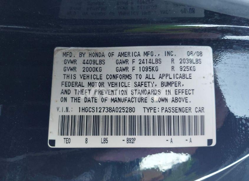 Photo 9 of 2008 Honda Accord 2.4 EX (VIN 1HGCS12738A025280)