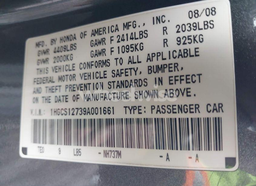 Photo 9 of 2009 Honda Accord 2.4 EX (VIN 1HGCS12739A001661)