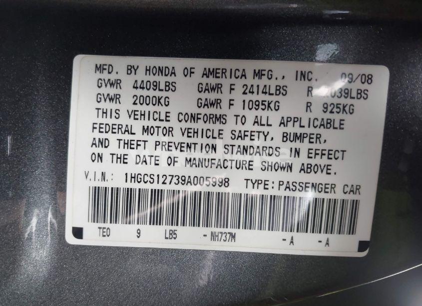 Photo 9 of 2009 Honda Accord 2.4 EX (VIN 1HGCS12739A005998)
