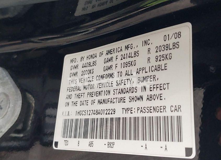 Photo 9 of 2008 Honda Accord 2.4 EX (VIN 1HGCS12748A012229)