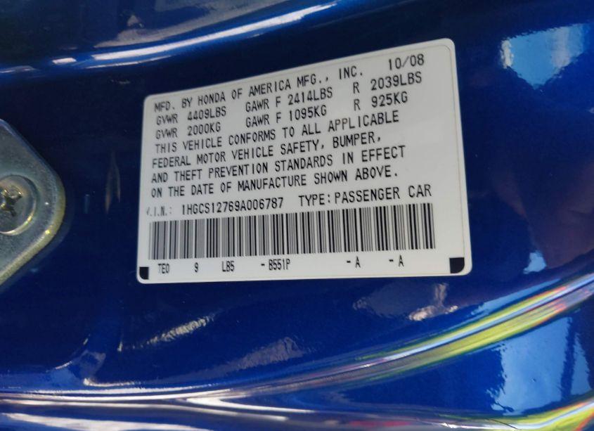 Photo 9 of 2009 Honda Accord 2.4 EX (VIN 1HGCS12769A006787)