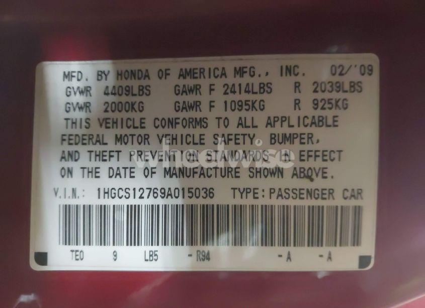 Photo 9 of 2009 Honda Accord 2.4 EX (VIN 1HGCS12769A015036)