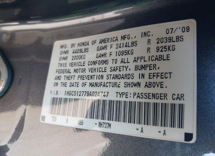 Photo 9 of 2009 Honda Accord 2.4 EX (VIN 1HGCS12779A024747)