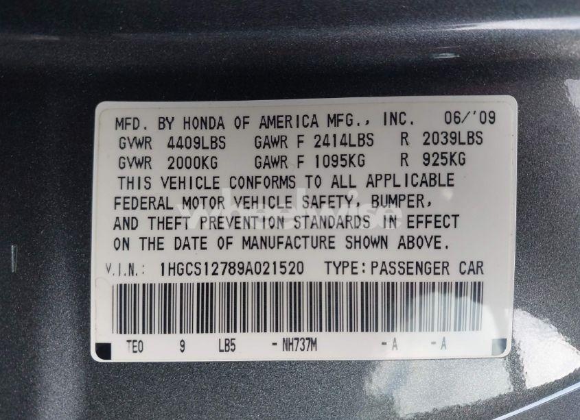 Photo 9 of 2009 Honda Accord 2.4 EX (VIN 1HGCS12789A021520)
