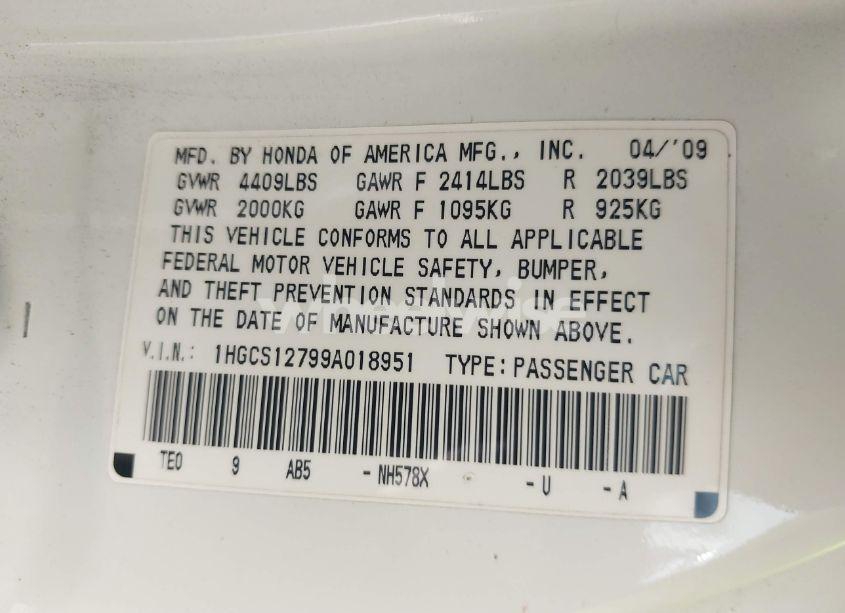 Photo 9 of 2009 Honda Accord 2.4 EX (VIN 1HGCS12799A018951)