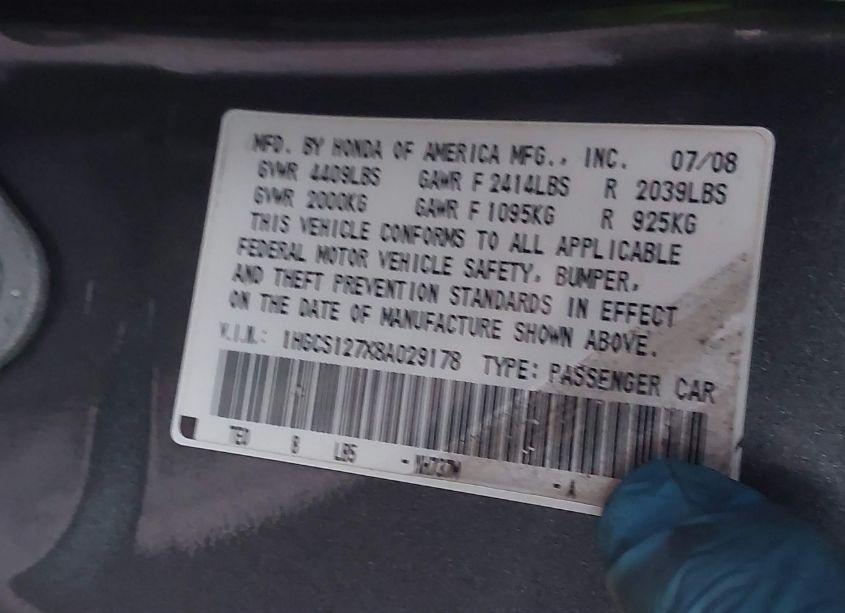 Photo 9 of 2008 Honda Accord 2.4 EX (VIN 1HGCS127X8A029178)