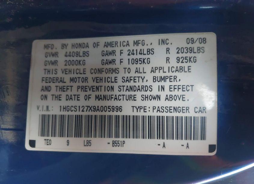 Photo 9 of 2009 Honda Accord 2.4 EX (VIN 1HGCS127X9A005996)