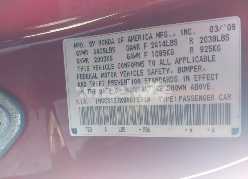 Photo 9 of 2009 Honda Accord 2.4 EX (VIN 1HGCS127X9A016349)