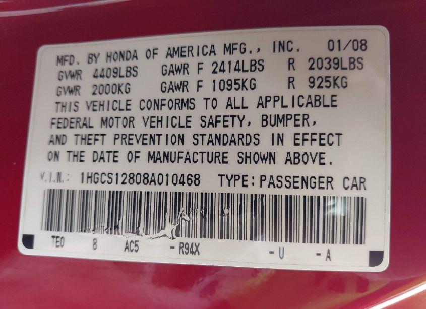 Photo 9 of 2008 Honda Accord 2.4 EX-L (VIN 1HGCS12808A010468)