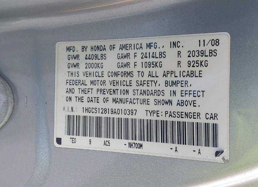 Photo 9 of 2009 Honda Accord 2.4 EX-L (VIN 1HGCS12819A010397)