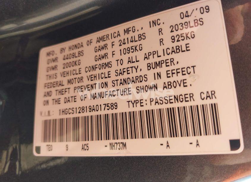 Photo 9 of 2009 Honda Accord 2.4 EX-L (VIN 1HGCS12819A017589)