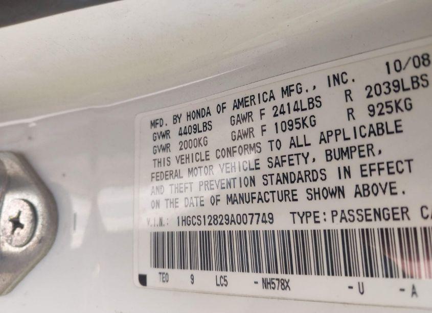 Photo 9 of 2009 Honda Accord 2.4 EX-L (VIN 1HGCS12829A007749)