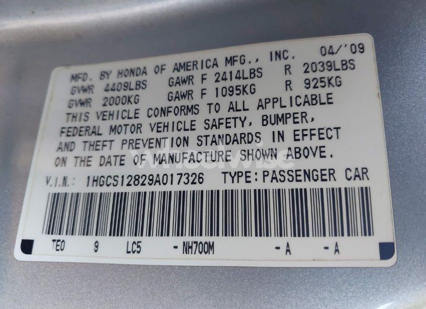 Photo 9 of 2009 Honda Accord 2.4 EX-L (VIN 1HGCS12829A017326)