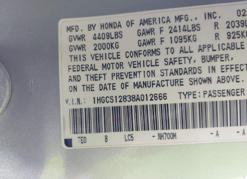 Photo 9 of 2008 Honda Accord 2.4 EX-L/EX-L (VIN 1HGCS12838A012666)