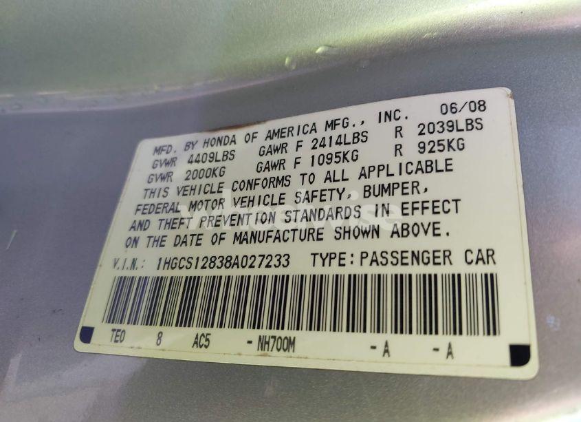 Photo 9 of 2008 Honda Accord 2.4 EX-L (VIN 1HGCS12838A027233)