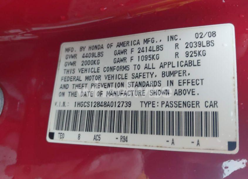 Photo 9 of 2008 Honda Accord 2.4 EX-L/EX-L (VIN 1HGCS12848A012739)