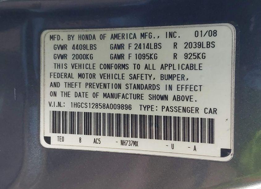 Photo 9 of 2008 Honda Accord 2.4 EX-L/EX-L (VIN 1HGCS12858A009896)