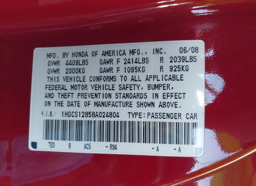 Photo 9 of 2008 Honda Accord 2.4 EX-L (VIN 1HGCS12858A024804)