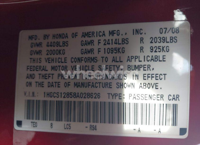 Photo 9 of 2008 Honda Accord 2.4 EX-L (VIN 1HGCS12858A028626)