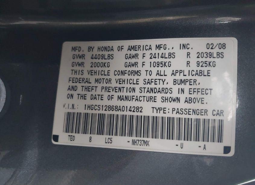 Photo 9 of 2008 Honda Accord 2.4 EX-L/EX-L (VIN 1HGCS12868A014282)