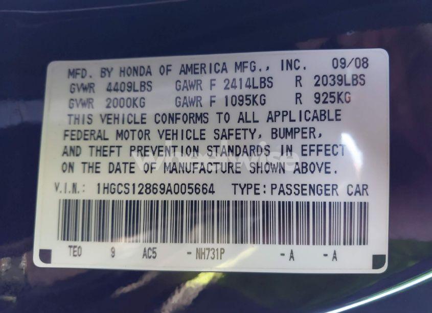 Photo 9 of 2009 Honda Accord 2.4 EX-L (VIN 1HGCS12869A005664)