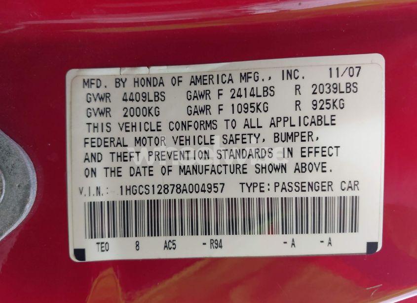 Photo 9 of 2008 Honda Accord 2.4 EX-L (VIN 1HGCS12878A004957)