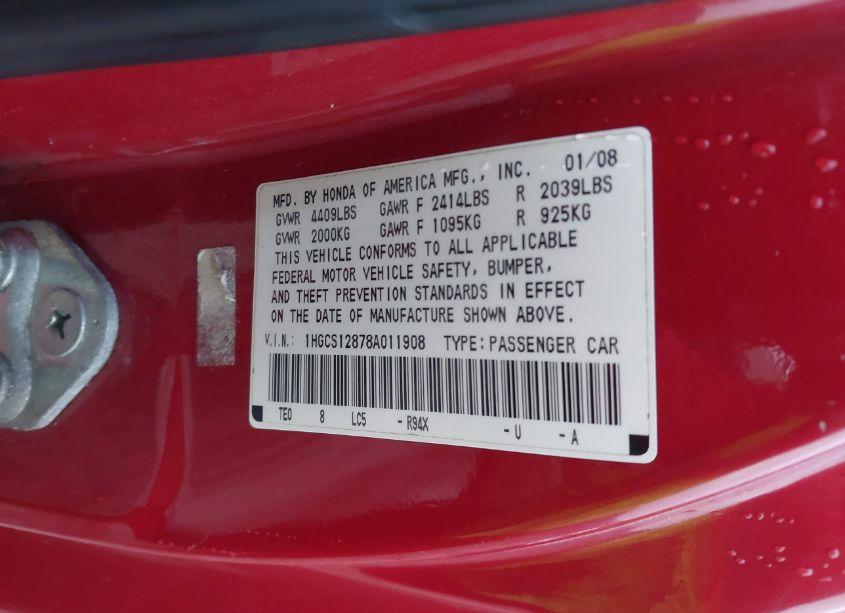 Photo 9 of 2008 Honda Accord 2.4 EX-L (VIN 1HGCS12878A011908)