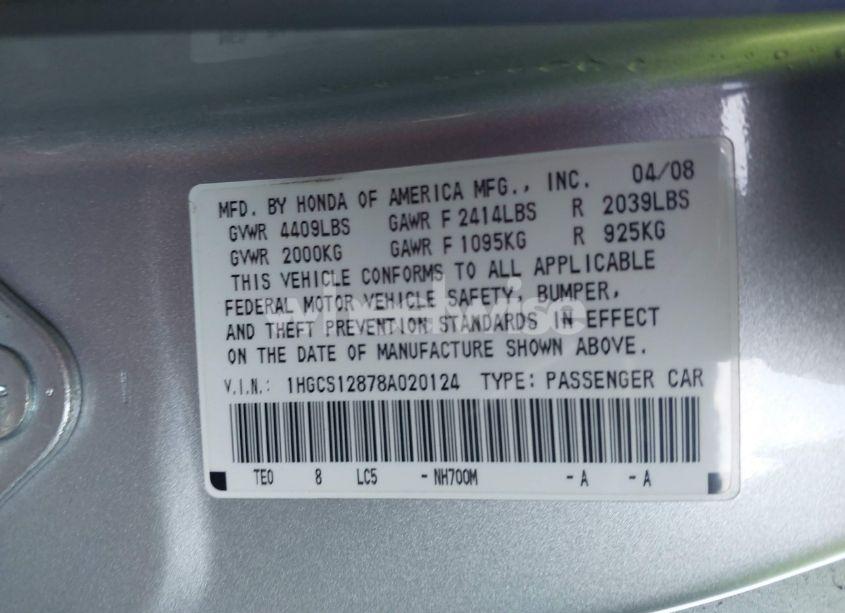 Photo 12 of 2008 Honda Accord 2.4 EX-L (VIN 1HGCS12878A020124)